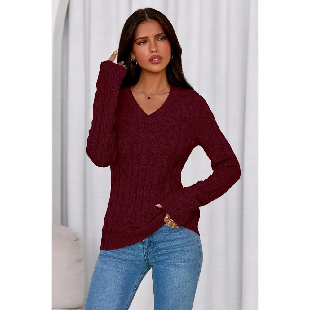 V Neck Cable Knit Sweater Women Fitted Long Sleeve Fall Top Casual Style - Picture 3 of 6